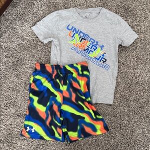 Under Armour Gray Tee with Neon Blue Lime Orange Camo Shorts